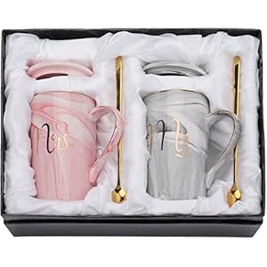 CPENSUS Ceramic Marble Finish Coffee Mug with Lid & Spoon for Anniversary Wedding Engagement Valentine Gifts for Couple…