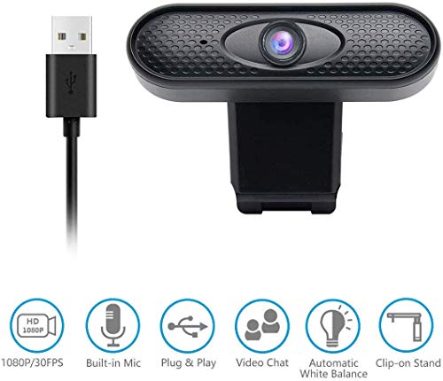 Adurei Cámara Web Full HD 1080P para Micrófono Reductor de Ruido, Pantalla Panorámica de 360 Grados USB Cámara de para Videollamadas, Estudios, Conferencias, Grabación, Juegos con Clip Giratorio
