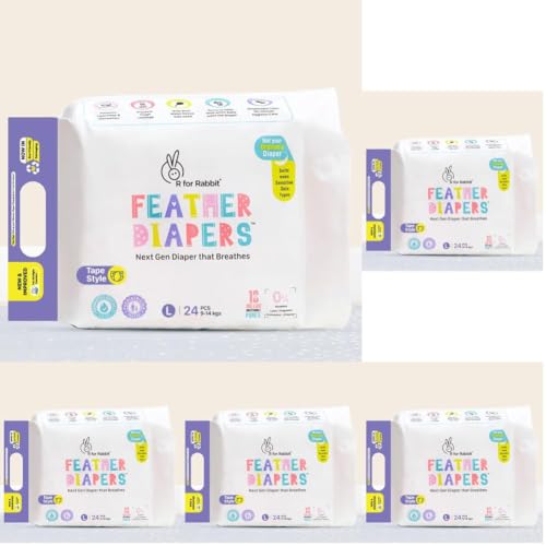 Image of R for Rabbit Tape Style Feather Diaper Large (L) Size for Baby 9 to 14 kgs 24 Units (24 Count, Pack Of 5)