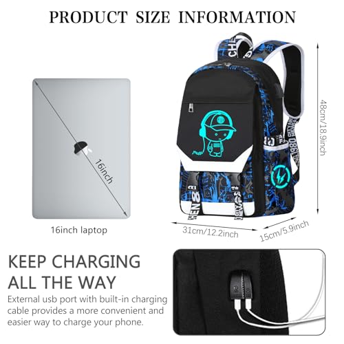 Anti Theft travel backpack Laptop Backpack Large Capacity Luminous Backpack Adjustable Shoulder Strap Backpack USB Anime Backpack Charging Port & Headphone Port Backpack Combination Lock Blue2