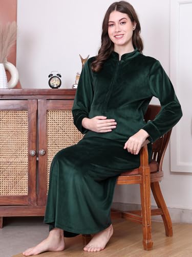 Image of Secret Wish Solid Velvet Maternity Nighty Full Length