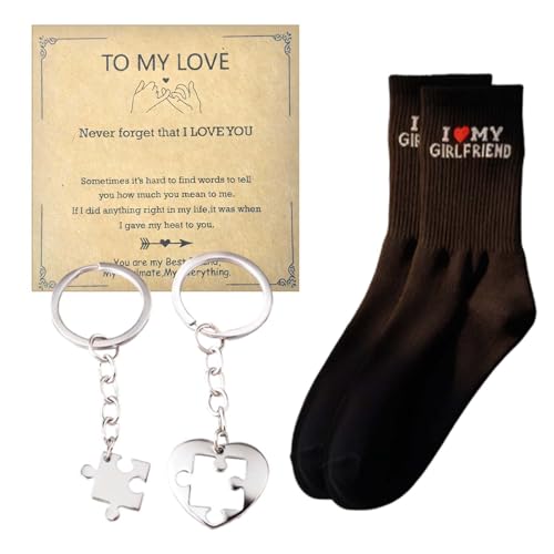 5 Pcs Boyfriend Gifts i Love My Girlfriend Socks, Gifts for Boyfriends Heart Keyring Matching Keyrings for Couples, Funny Socks for Him or Her, Valentine's Day Birthday Gifts for Husbands Boyfriends