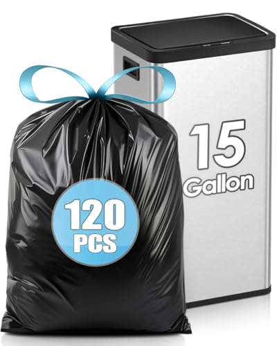 Teivio 15-16 Gallon 120 Counts Strong Tall Kitchen Drawstring Trash Bags, Medium Plastic Garbage Bags for Home Kitchen Garden Office Tall Trash Can, Black Waste Bin Liners