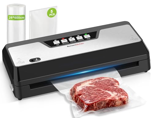 Bonsenkitchen Vakumierergerät für Lebensmittel, Vakuumierer mit Cutter Aufbewahrung, Kompakter für Sous Vide und Meal Prep, Mehrfach-Modi, Inkl. 1 Rolle und 5 Beutel, Schwarz