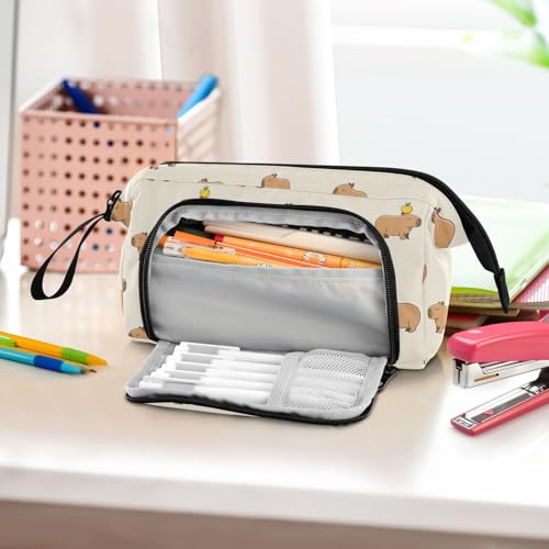 Image of Capybara Beige Print Pencil Case Pouch Big Capacity Pencil Bag Box Organizer Pen Case with Compartmens Stationery Organizer for Girls Boys Women School College Office