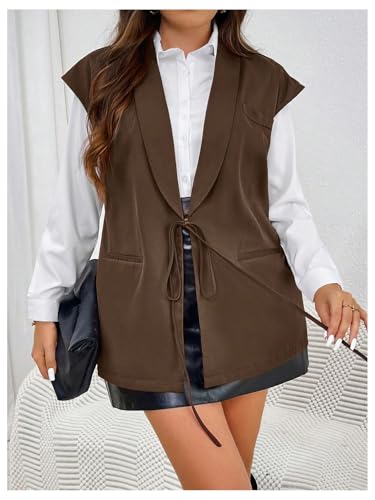 MakeMeChic Women's Plus Size PU Leather Tie Front Sleeveless Vest Lapel Blazer Jacket3