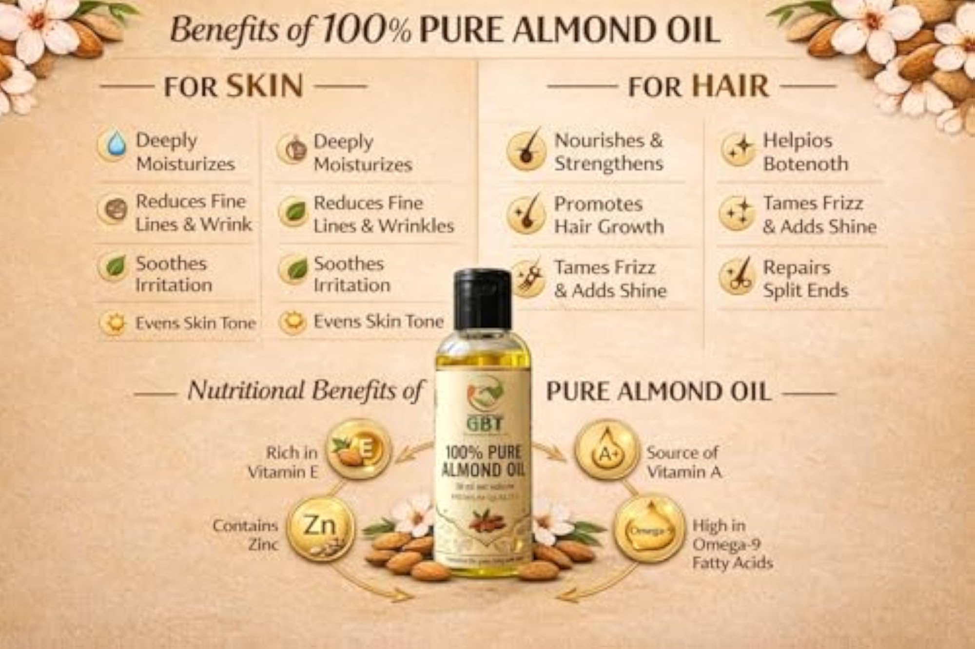 100% Pure Almond Oil for Hair & Skin Care, 200ml