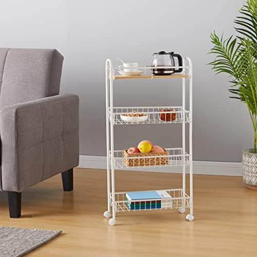 Amazon Basics 4-Tier Storage Trolley with Wooden Shelf - White
