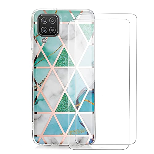 Vansdon Funda para Samsung Galaxy A12, con 2 Protectore Pantalla in Cristal Templado,Funda de teléfono con patrón geométrico chapada en Verde,El Patrón De Mármol De Silicona Funda-Verde Blanco Cover
