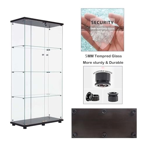 APRILSOUL Glass Display Cabinet 4-Shelf with Double Door, Curio Display Cabinet with 5mm Tempered Glass, Floor Standing Bookshelf for Bedroom, Living Room, 64 x 31.7 x 14.3 in, Black - Thumbnail 4