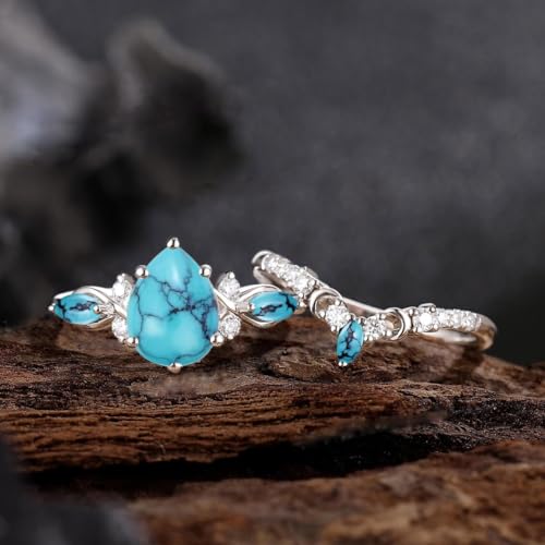 Turquoise Engagement Ring for Women 1CT Unique Pear Cut S925/10K/14K/18K Marquise Cut Turquoise Unique Curved Moissanite Wedding Promise Rings For Women Gift For Her Size3-134