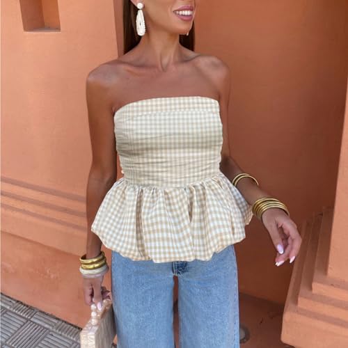 Women Y2k Peplum Tube top Strapless Bubble Bandeau Top Ruffle Hem Flowy Aesthetic Summer Going Out Streetwear4