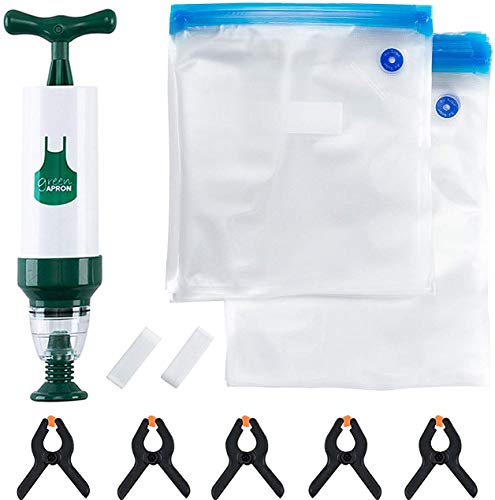 Sous Vide Bags Kit for Anova, Joule and all Popular Brands - 20 Reusable BPA FREE GREEN APRON Sous Vide Bags [2 Sizes], 1 Hand Pump, 5 Sous Vide Clips, 2 Bag Sealing Clips