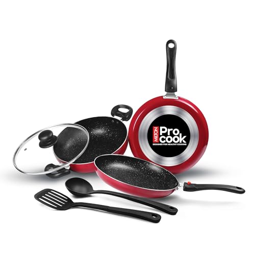 Image of Milton Pro Cook Kitchen Pride Set of 5 Non Stick Cookware | Non Induction I Cooking Pan, Kadhai with Lid, Tawa, Nylon Laddle & Spatula I Maroon
