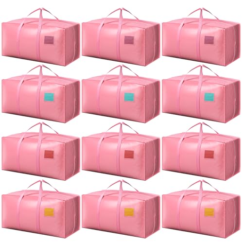 Image of 12 Pack Moving Bags with Full-Open Side Zipper, Extra Large 93L Heavy Duty Waterproof Foldable Storage Totes for College Dorm, Moving & Home Organization Pink