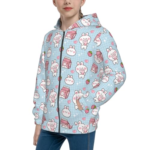 Cute Rabbit with Milk Box Kid Hoodies Boys Zip Up Sweatshirts Girls Pullover with Pocket