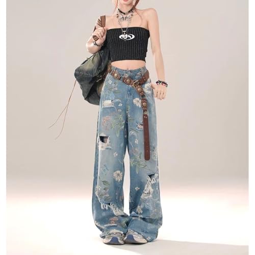 Women's Ripped Jeans High Waisted Baggy Boyfriend Jeans Distressed Vintage Floral Printed Wide Leg Denim Pants2