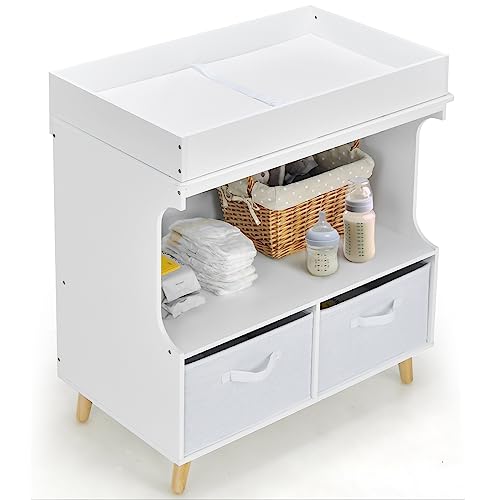 Image of INFANS Baby Changing Table, Wood Diaper Dresser Station with Waterproof Pad 2 Storage Baskets Drawers Safety Belt, Nursery Organizer Stand for Newborn (with Legs)