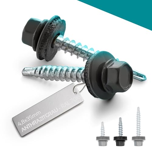 V VOOXA VOOXA Lot de 100 vis auto-perceuses à tôle trapézoïdale, 4,8 x 35 mm, avec rondelle d'étanchéité EPDM, acier étamé RAL7016, gris anthracite - Tête hexagonale SW8