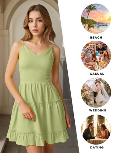Image of FANCYINN Women Floral Casual Tiered Mini Dresses Spaghetti Strap V Neck Backless A Line Swing Short Dress with Pockets
