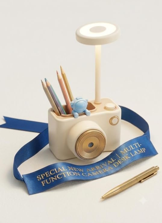 Multifunction Camera Desk Lamp with Pen Holder, Cream | LED Ring Light, Pencil Organiser, Decorative Figurine, Kids Study Table, Novelty Design-image-42