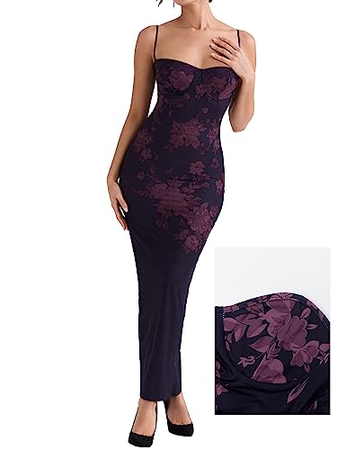 Image of Womens Sexy V Neck Satin Maxi Dresses Spaghetti Strap Floral Print Dresses Slim Fit Elegant Long Dresses Night Party Outfits