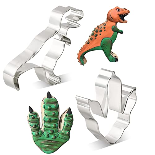 KENIAO Dinosaurier Ausstechformen Set für Kinder - 2 Stück - T-Rex und Fußabdruck Brot Plätzchen Ausstecher - Edelstahl Cover
