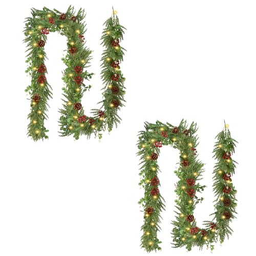 2Pcs 9FT Cedar Garland with Pine Cones and Berries