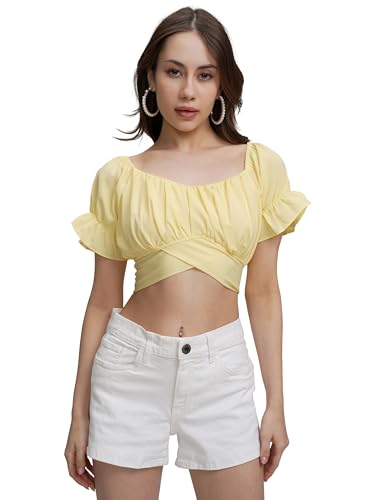 Image of Tokyo Talkies Women's Puff Sleeves Styled Back Crop Top | Cinched Waist | Feminine & Trendy | Perfect for Casual & Day Outings | Tops for Woman | Women Tops | Women Crop Top