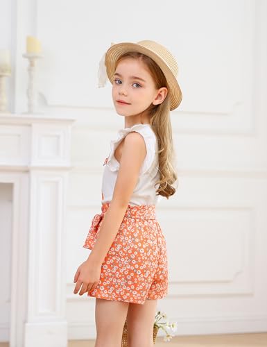 Image of Toddler Girl Clothes 2 Piece Girls Outfits Set Print Bow Top and Belted Ditsy Floral Shorts for Spring Summer
