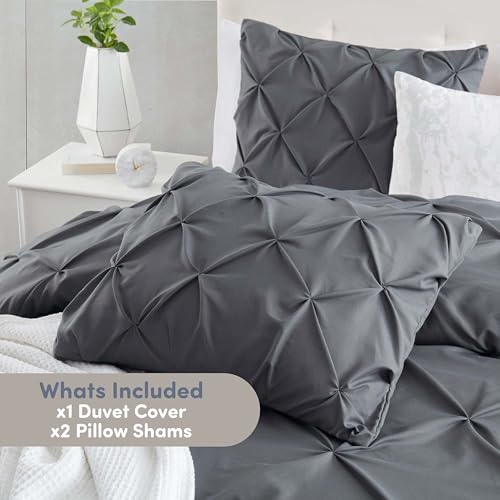 Image of Nestl Dark Grey Duvet Cover Full Size - Soft Double Brushed Duvet Set with Button Closure & Corner Ties, 3 Piece Luxurious Pinch Pleated Duvet Cover Set 80x90 Inches with 2 Pillow Shams