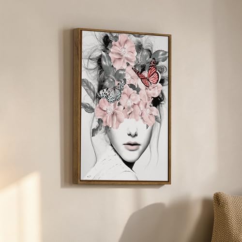 Image of Surreal Floral Mask Woman Framed Canvas Painting For Living Room | Modern Botanical Abstract Portrait Wall Art For Livingroom Wall Decor, Home Decor, Bedroom, Hallway's, Office, Hotel - 43x58 cm