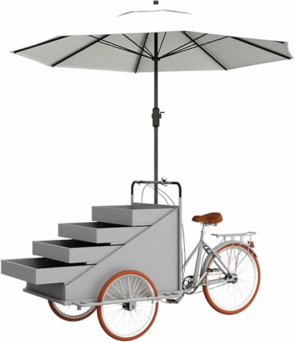 LJYKBFL Triciclo de Venta de Comida móvil a Pedales con Expositor de 4 Niveles y sombrilla para Venta en Calles y Parques.