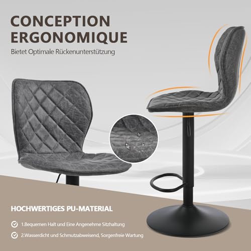 Goeurvant Barhocker 2er Set Barstuhl Höhenverstellbar mit Lehne & Fußstütze – 360°Drehbar PU Leder Gepolstert Barstühle mit Metallgestell für Küche Theke Esszimmer Wohnzimmer,Schwarz