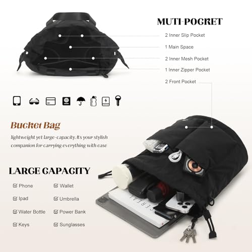 Bucket Bag for Women Super Lightweight Tote Handbag Nylon Crossbody Bag Drawstring Hobo for Travel Hiking Music Festival3