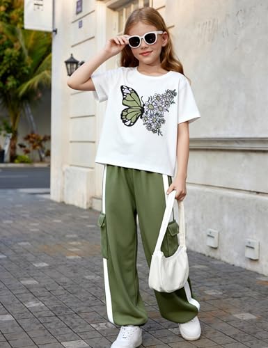 Image of Girls 2 Piece Outfit, Graphic Short Sleeve T-Shirt and Cargo Jogger Sweatpants Set, Ages 4-13