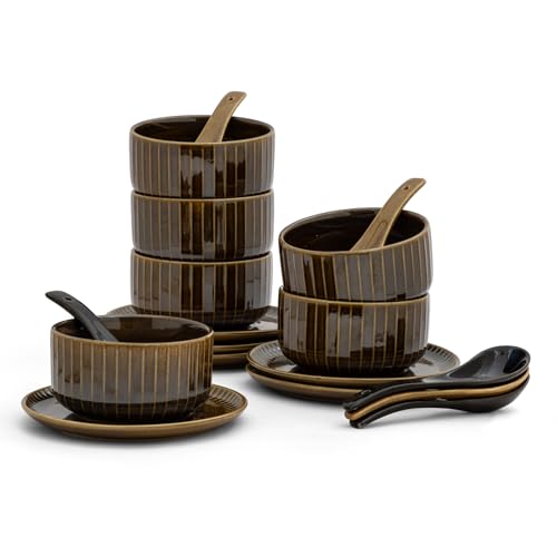 Image of Clay Craft Fine Ceramic 18-Piece Soup Bowl Set | 6 Soup Bowls, 6 Spoons & 6 Under Plates | Striped Glossy Design | 350 Ml | Microwave & Dishwasher Safe | for Serving Soup & Snacks | Golden Brown
