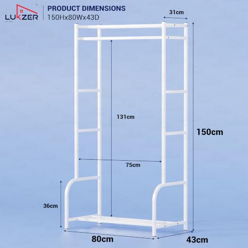 Image of Lukzer Metal Cloth Stand with Bottom Shelf | Freestanding Garment Stand for Hanging Clothes, Towels & Shoes | DIY Storage Organizer Rack for Bedroom, Laundry, Balcony & Entryway (White /80x150x43 cm)