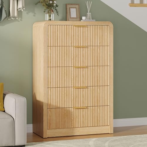 Image of Decofy Fluted 5 Drawers Dresser, 48 inch Tall Modern Chest of Drawers with Round Edge & Metal Handle, Wood Drawer Organizer for Living Room, Bedroom, Entryway, Hallway (Natural Oak)