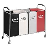 UYTON 洗濯カゴ 洗濯かご キャスター付き （100x40x87cm）折りたたみ 省スペース 分類カート ランドリーバスケット 整理バスケット 汚れた衣服のための 4 つのセクション ランドリー袋 大容量 衣類・雑物収納 ランドリールーム整理用 （ レッド）（折りたたみ 収納 通気コンパクト ）