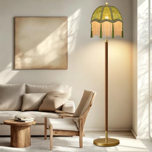 Image of Wood Floor Lamps for Living Room Vintage Floor Lamp with Remote Control & 3 Color Temperature,Dimmable Floor Lamp Mid Century Modern Standing Lamp Green Fringe Tall Floor Lamp for Bedroom Corner