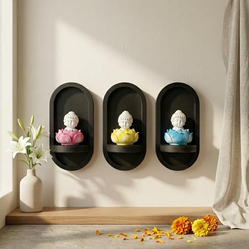Image of eCraftIndia Set of 3 White Lord Buddha Idols in Lotus Base | Baby Buddha Statues for Car Dashboard Office Home Decor | Gift for Diwali Housewarming Birthday