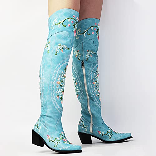 Vomira Over The Knee Boots Retro Snip Toe Floral Embrpidery Cowboy Boots Soft Leather Knee High Western Boots For Women #TOP4