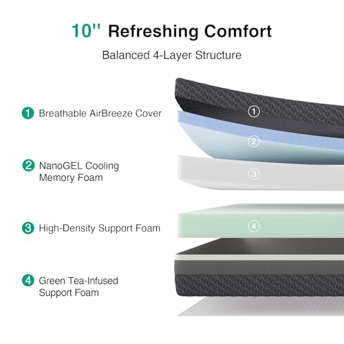 Image of Novilla Full Gel Memory Foam Mattress 10 Inch with Green Tea-Infused Foam