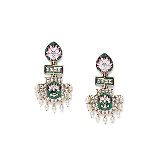 Zaveri Pearls Green & Pink Meenakari Lotus Design Kundan Dangle Earring For Women-ZPFK10343