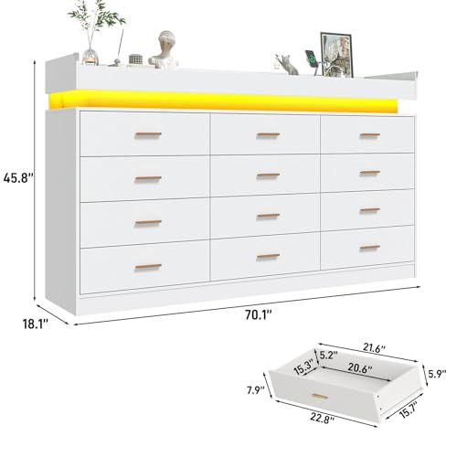 Image of jiteentarou 12 Drawer Dresser with Charging Station and LED Lights, Modern Chest of Drawers with Power Outlet, Organizer Cabinet for Bedroom, Living Room, Entryway, White