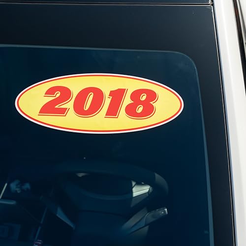 Image of 2018 Car Model Year Windshield Stickers | 14 inch x 5.5 inch Oval Stickers for Car Dealerships, Vehicle Windshields (Pack of 12)