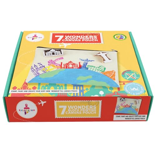 Image of Kalakaram DIY Block Print Canvas Pouch Kit for Kids - Create Your Own 7 Wonders Pouch, DIY Painting Kit, Art Integrated Learning Activity, Learn by Doing Craft Kit, Creative Activity Set for Kids Ages 9-12, Educational Art & Craft Gift for Boys & Girls, Fun Screen-Free DIY Craft Kit