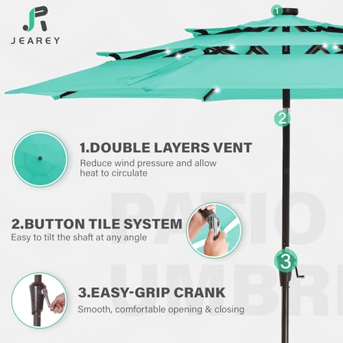 Image of JEAREY 3 Tiers Patio Umbrella with Solar Lights 9ft Outdoor Market Table Umbrellas with Push Button Tilt for Outside Pool Garden, Peacock Blue