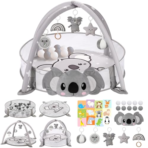 Image of 7-in-1 XL Large Baby Play Gym Mat, Tummy Time Mat, Baby Gym & Ball Pit, Baby Activity Mat with Milestone Cards & 6 Detachable Toys for Sensory Motor Skill, Grey Koala